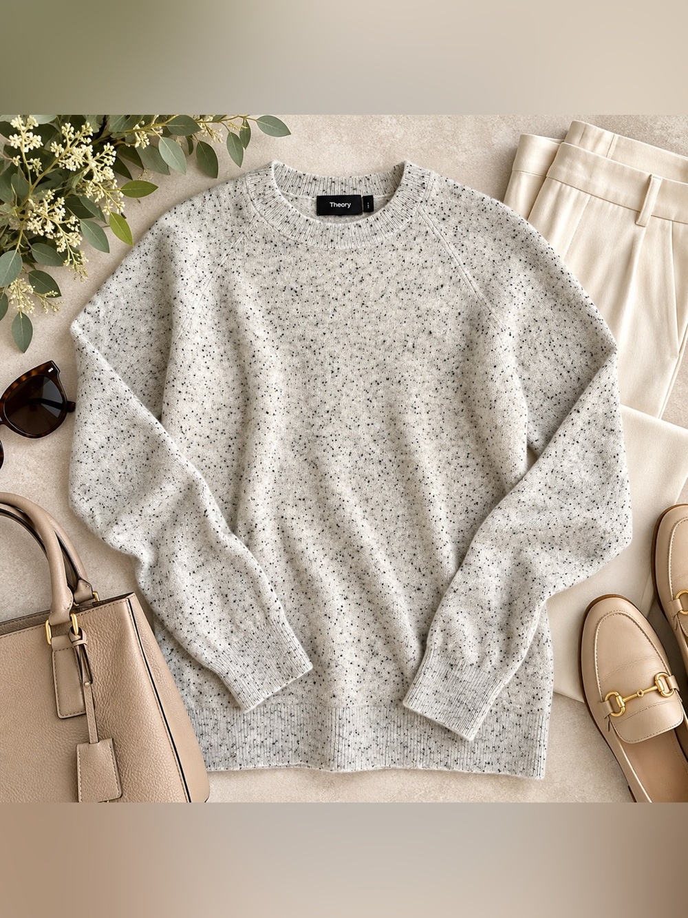 Theory Dermont Donegal 100% Cashmere Crewneck Sweater Gray Speckled M